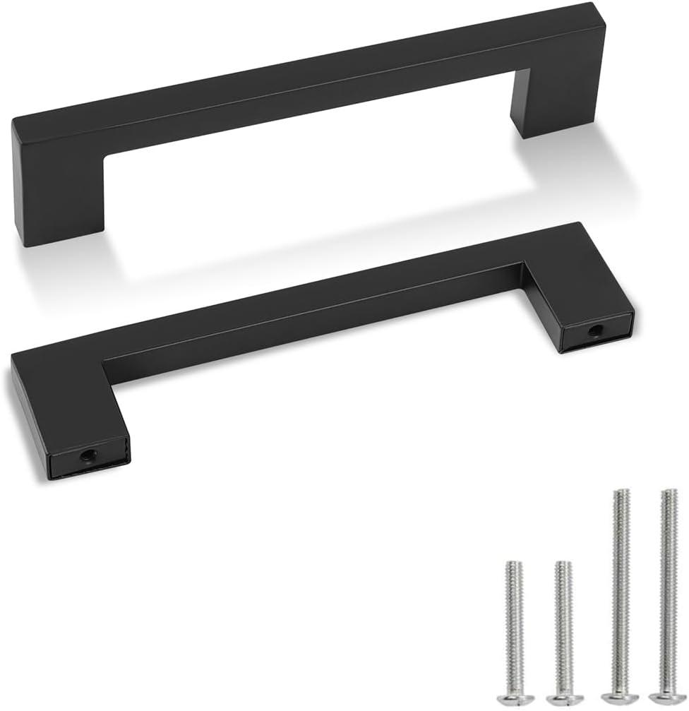 Cabinet Pulls Matte Black Cabinet Handles Square Drawer Pulls, 2 Pack 5 Inch 128mm Hole Centers Stainless Steel Kitchen Door Cupboard Cabinet Handles, Drawer Hardware Handles
