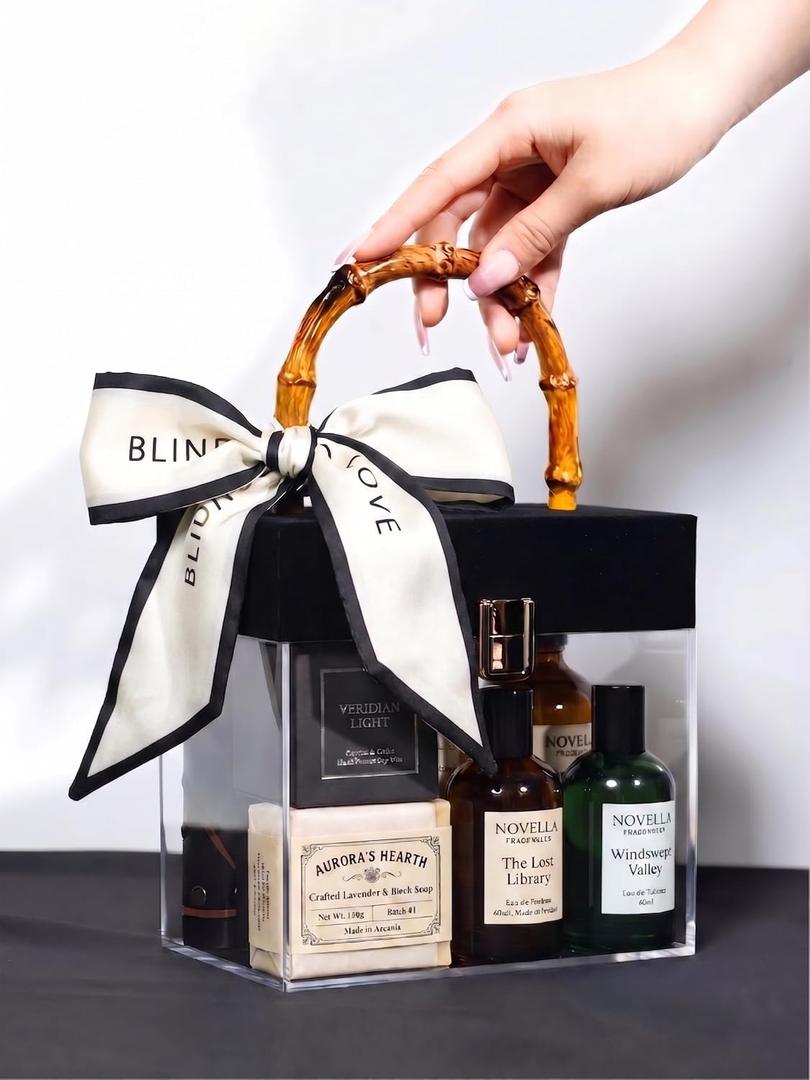 Elegant Transparent Acrylic Gift Box with Bamboo Handle - Includes Matching Silk Scarf, Reusable Handbag Design, Eco-friendly, Birthdays, Visiting friends, Gifts (Box & Scarf Only, No Contents)