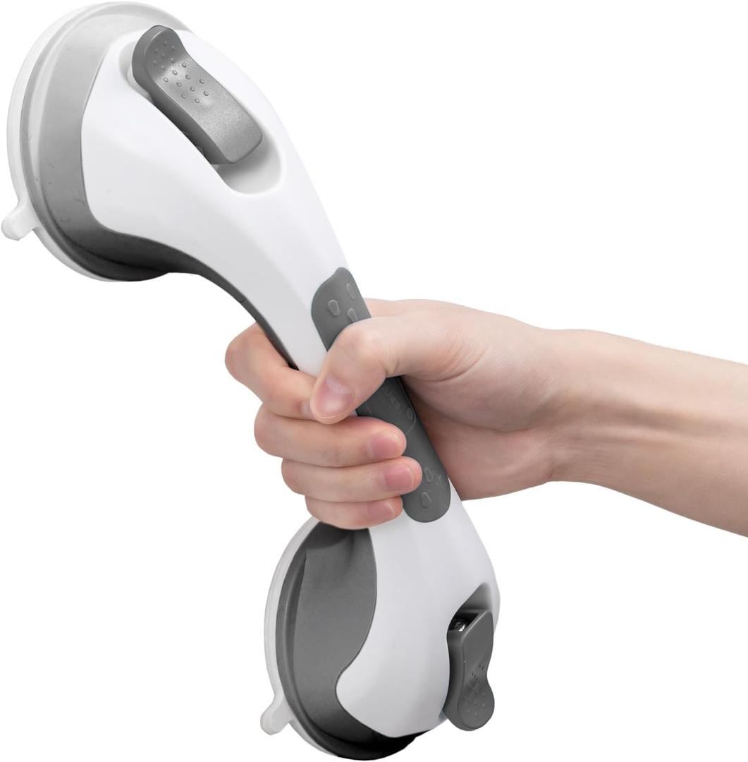 LEVERLOC Shower Grab Bar, 12 Inch Suction Grab Bars for Bathtubs, Shower Handle Handrail for Seniors Bathroom Safety Grip for Elderly, Heavy Duty No Drilling Removable,Grey (Gray)