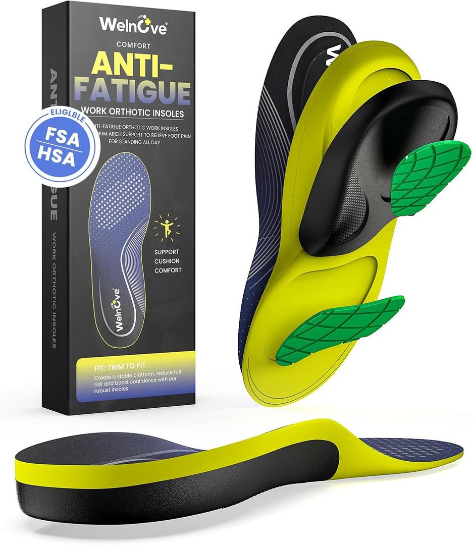Work Orthotic Insoles for Plantar Fasciitis - Welnove Superior Comfort Work Boot Insoles for Standing All Day - Anti Fatigue Medium Arch Support Shoe Inserts for Men Women Flat Feet Pain (Size L) (L: Men 9.5-10.5 / Women 10.5-11.5)