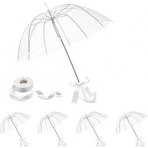 Clear Umbrella Bulk, Bulk Umbrellas for Wedding, 39 Inch Transparent POE Dome Umbrella with Auto Open, Stainless Steel Frame and White J Handle, for Wedding Guests, Photography and Outdoor Parties, 5 Pack
