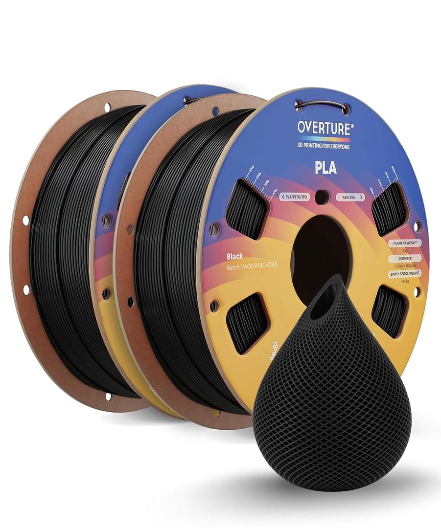 OVERTURE PLA Filament 1.75mm PLA 3D Printer Filament, 2kg Cardboard Spool (4.4lbs), Dimensional Accuracy +/- 0.02mm, Fit Most FDM Printer (Black 2-Pack)