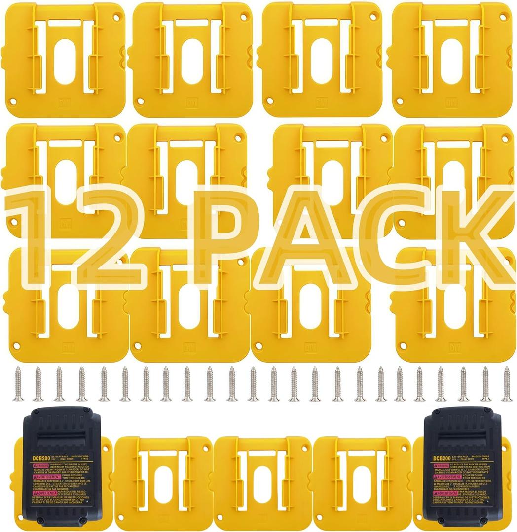 12 Pack Battery Holders Mount Compatible for Dewalt 20V 60V Battery OrganizerDCB200 DCB201 DCB202 DCB203 DCB204 DCB205 DCB206 DCB208 (24 Screws, No Battery)