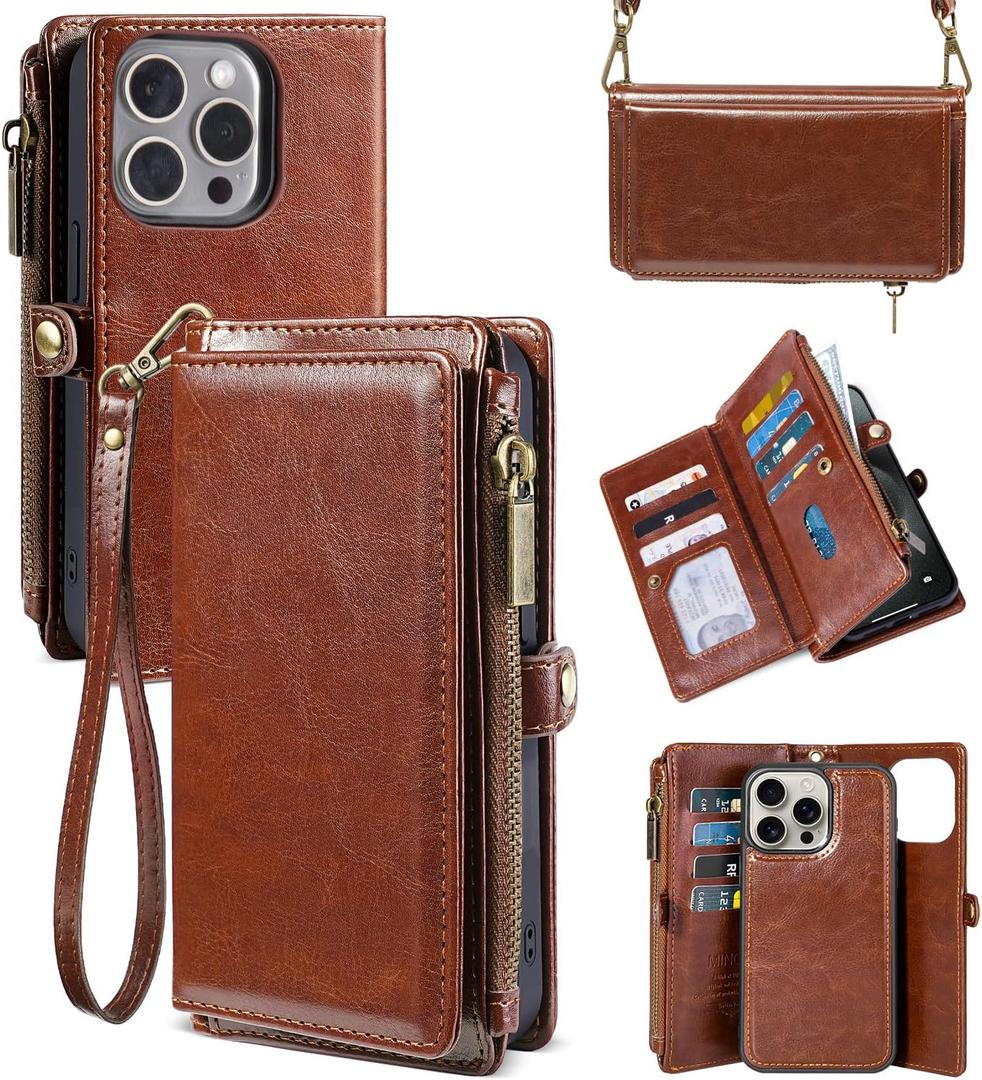 for iPhone 15 MagSafe Wallet Case Detachable Magnetic Wallet with RFID Blocking, PU Leather Zipper & Strap for Women Men. Brown