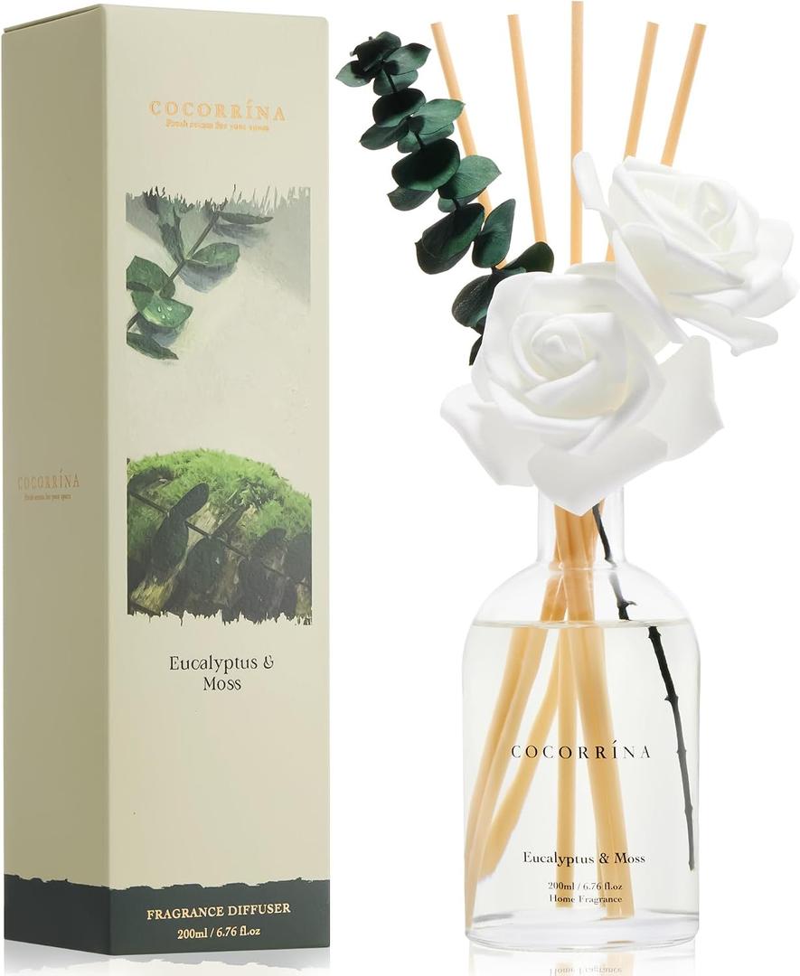 COCORRNA Reed Diffuser - Eucalyptus & Moss Scent, 6.76 fl oz Essential Oil with 8 Reed Sticks - Home Fragrance for Bedroom Bathroom Shelf Dcor
