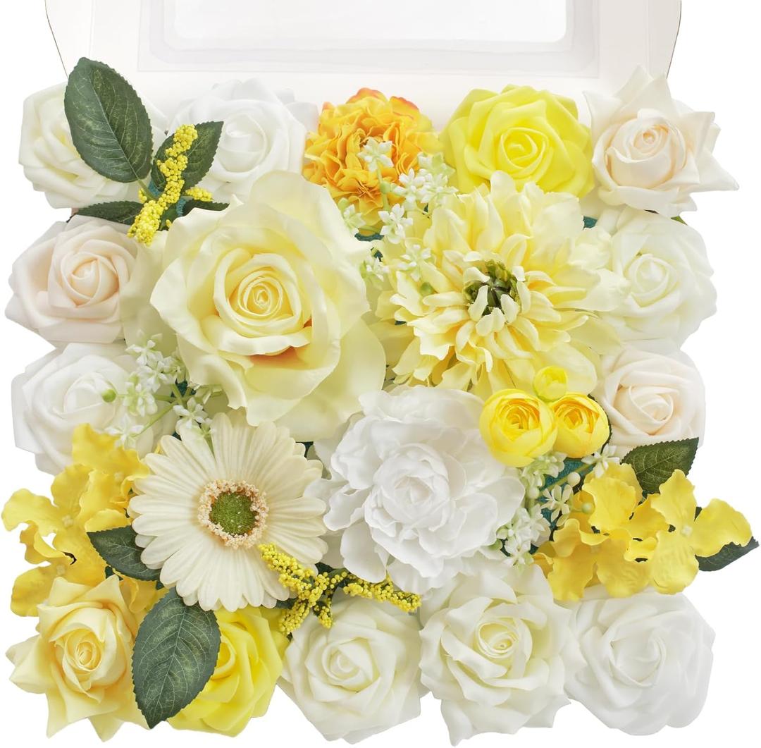 TINGE TIME Artificial Flowers Combo Mix Silk Flowers Yellow Roses w/stem for DIY Wedding Bridal Bouquets Baby Shower Floral Arrangement Table Centerpieces Home Decorations (Lemon Yellow)