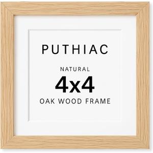 puthiac 4x4 Solid Oak Wood Picture Frame, Fits 3x3 with Mat or 4x4 Without Mat, Wall or Tabletop Display with Stand, Plexi Front, 1 Pack, Natural Oak