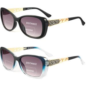JM Bifocal Reading Sunglasses for Women Fashion Square Gradient Sun Readers Outdoor Reading Glasses UV400 Protection Black&Clear Blue +2.5