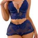 SOLY HUX Women's Sheer Lace Pajamas Lingerie Set Cami Tops and Shorts Sleepwear (L)