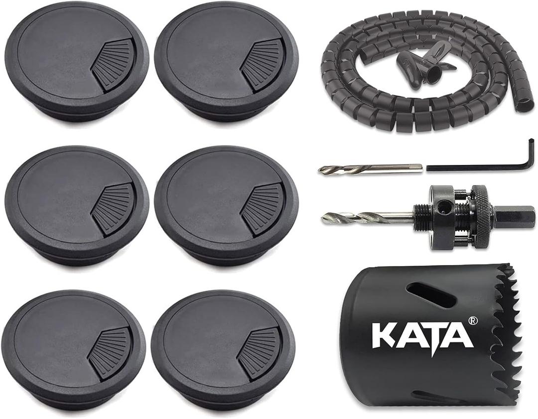 KATA 6-Pack Desk Grommet 2 Inch (50mm) Wire Cord Cable Desk Hole Cover with Bi-Metal Hole Saw Kit and Cord Wire Wrap Coiled Tube Sleeve Management, 2M Cable Sleeve Organizer
