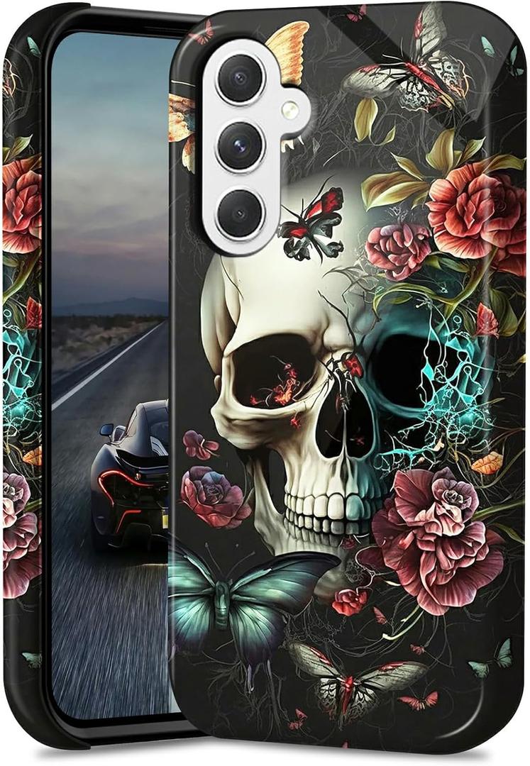 Butterfly Skull Flower Phone Case for Samsung Galaxy A16 5G 6.7" Dual Layer Hybrid Hard PC & Silicone Protective Design Heavy Duty Shockproof Protective Cover for Samsung A16 5G