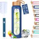Aqulea Glass Water Bottles 32 Oz with Silicone Sleeve - BPA Free Reusable Wide Mouth Glass Motivational Water Bottles with Fruit Infuser  Leak Proof Borosilicate Water Bottle with Time Marker (Blue)