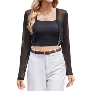 Women Sheer Shrugs Long Sleeve Cropped Cardigan Open Front Bolero Shrug for Evening Dressy (Small, Black)