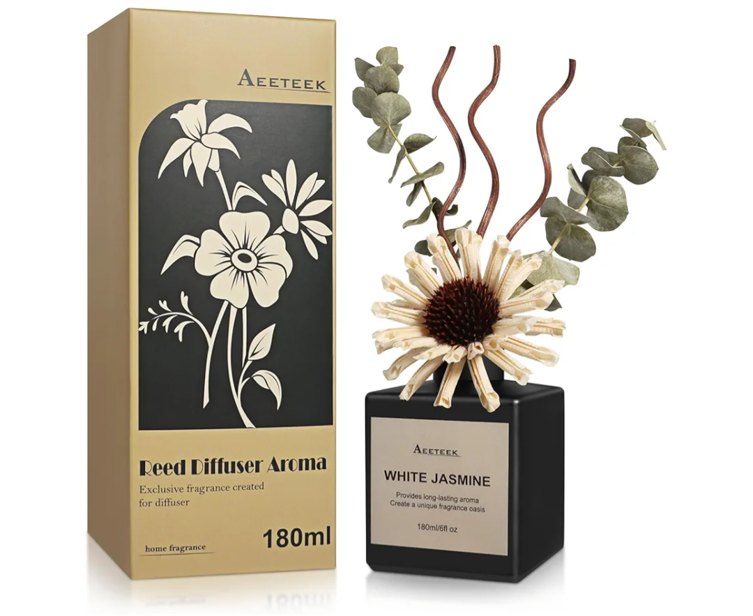 Reed Diffuser Set, White Jasmine Scented Oil with Dried Flowers, 6.09 Fl Oz(180ml) Long Lasting Air Freshener with Diffuser Sticks, Home Fragrance for Office Bathroom Decor