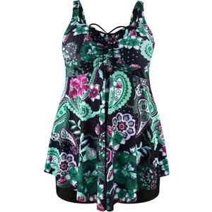 NIeyook Plus Size Swimsuit for Women Tankini Bathing Suit Tummy Control Swim Dress Two Piece Swimsuits with Shorts (6 Floral Green)