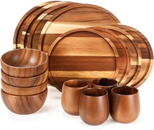 Maxdot 16 Pcs Acacia Wood Dinnerware Set, Round Wooden Plates,Solid Wooden Bowls and Tea Cups, Acacia Wood Tableware Supplies, Easy Cleaning & Lightweight for Dishes Snack, Dessert, Set for 4