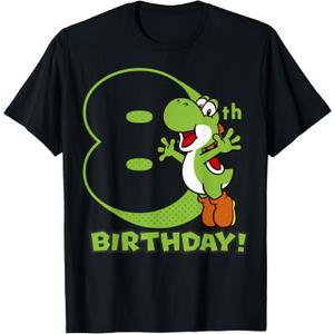 Super Mario Yoshi 8th Birthday Action Portrait T-Shirt, S, Black