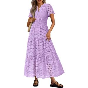 PRETTYGARDEN Womens 2026 Summer Maxi Dress Short Sleeve V Neck Hollow Out Eyelet A Line Long Flowy Beach Vacation Dresses (Purple, L)