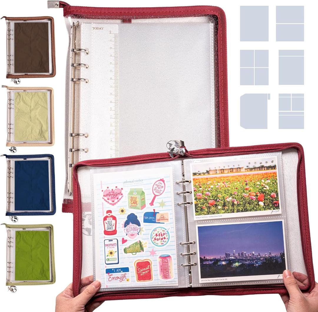 Navy Peony Wander Keeper Stationery Binder (Bordeaux Wine) - True A5/A6 Sleeves, Curated Travel Colors, Durable Zipper Organizer - for Stickers, Postcards, Photo Cards