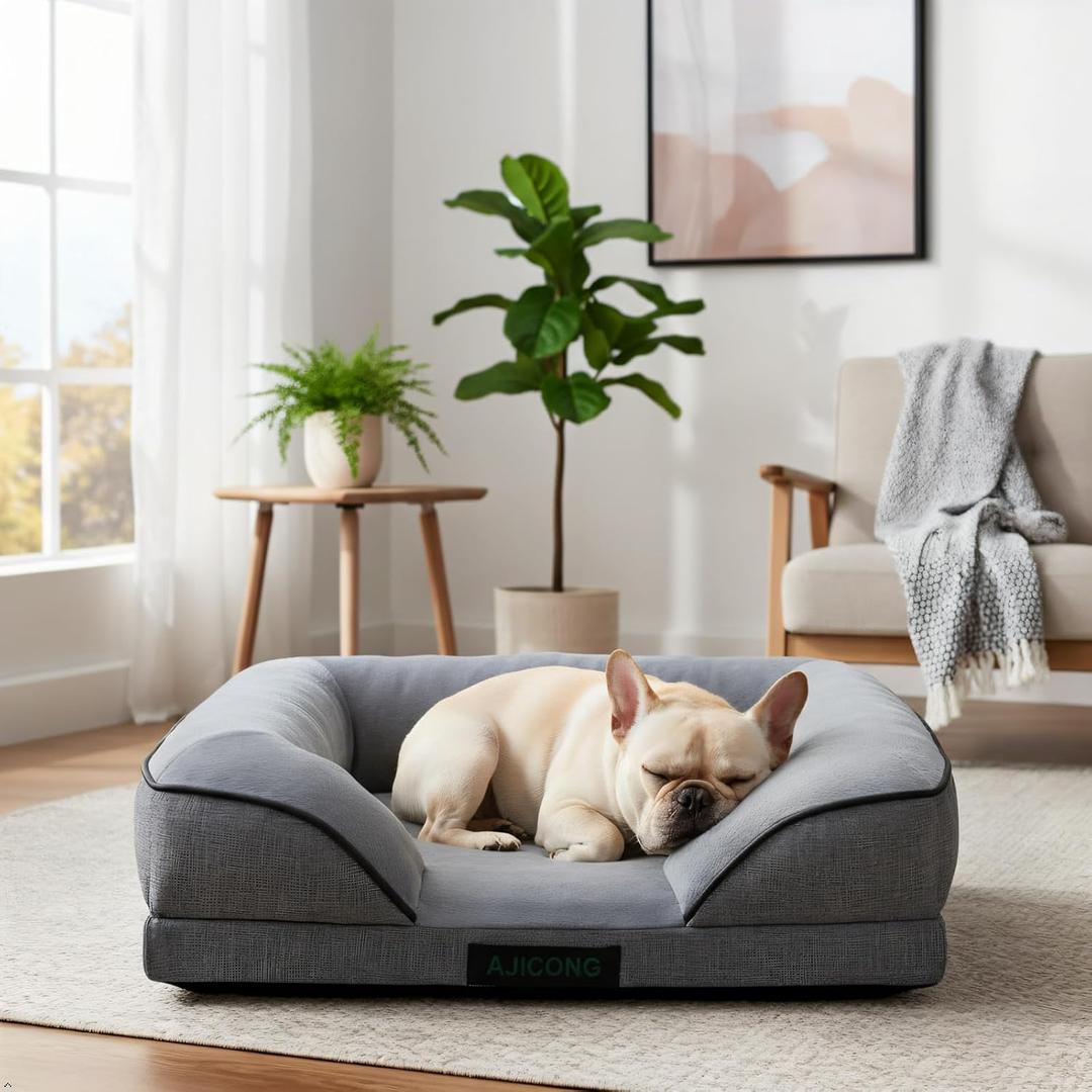 Orthopedic Egg-Shaped Sponge Dog Bed Small Size Dog with Sides, Removable Cover and Non-Slip Bottom (Grey, 24 * 18 * 6)