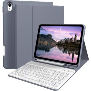 kenke for iPad 11/10th Gen Case with Keyboard 11/10.9 inch 2025 A16/2022, Detachable Wireless Bluetooth Keyboard Case with Left Side Pencil Holder, White Square Keycaps (Purple)