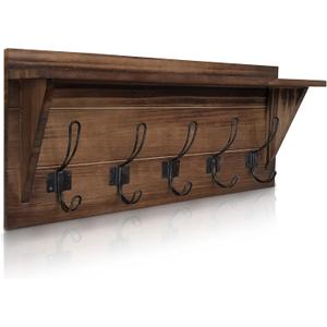 HBCY Creations Rustic Brown Solid Wood Wall Mounted Coat Rack with Shelf, 5 Hooks, 24" Long - Kitchen, Mudroom, Entryway, Bathroom - Includes Mounting Hardware, Coat Hanger, Dog Leash Hooks