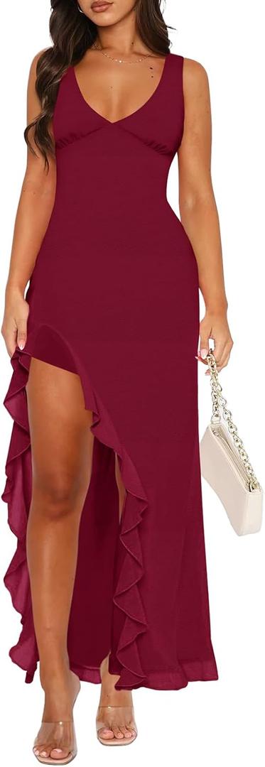 MIYIEONZ Women Sexy V Neck Sleeveless Mesh Ruffle Hem Bodycon Maxi Casual Backless High Slit Medium Red Cocktail Party Dress