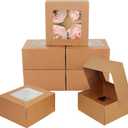 qiqee Auto-pop Up 4 Cupcake Boxes with Window Brown 30 Packs Cupcake Box 6.3"x6.3"x3" Bakery Boxes For Cupcakes Carrier, Cupcake Containers (4 Holder/30 Packs)