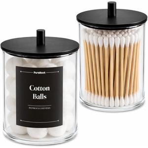 Glass Qtip Holder Dispenser Set - 15oz & 10oz Cotton Swab Holder with Black Wooden Lids, Apothecary Jar Bathroom Storage Canisters for Cotton Balls, Floss Picks, Vanity Organizer Container (2 Pack)