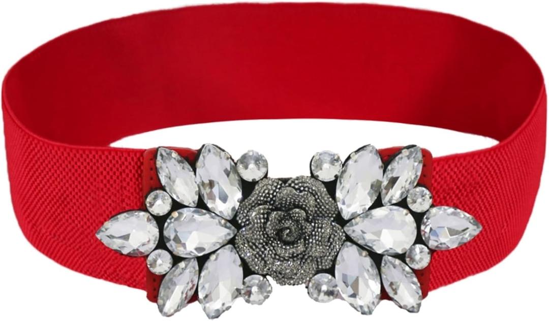 Women Big Rhinestone Belts Sparkly Crystal Belts Wide Stretchy Elastic Belt for Ladies Dresses (XL-XXL(35~41"), Rose Red)