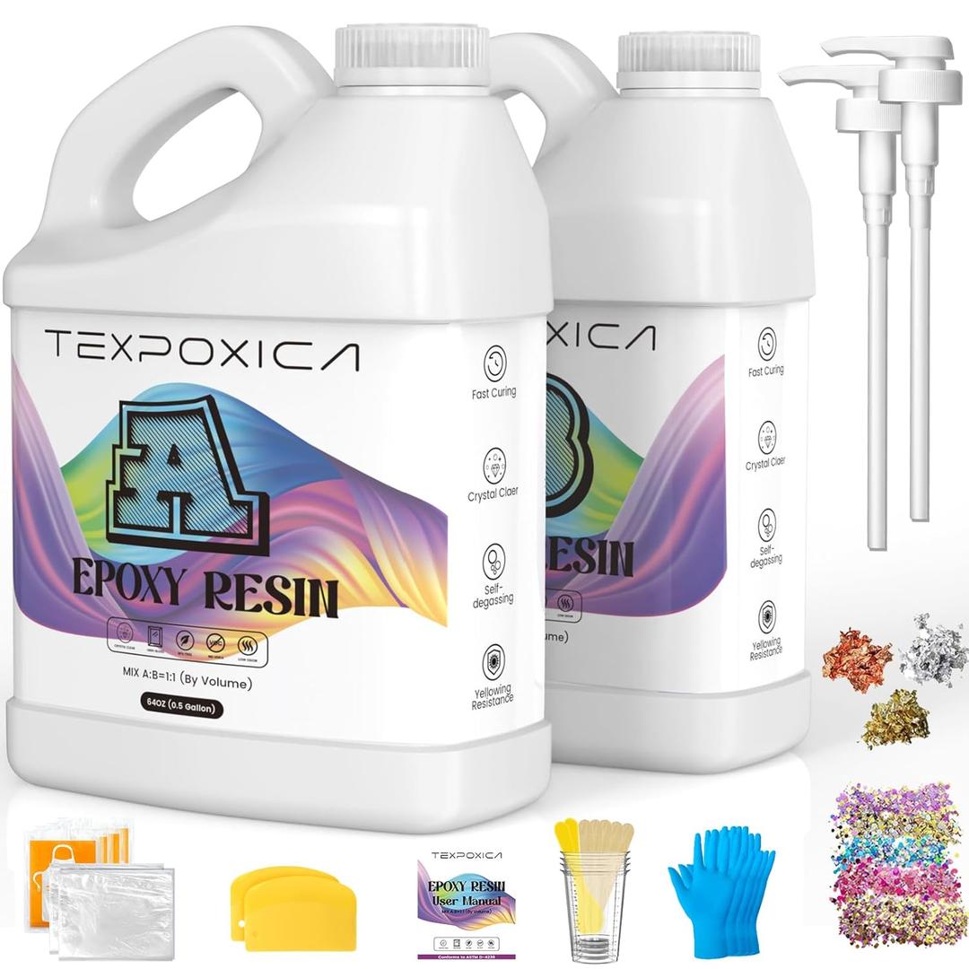 Epoxy Resin 1Gallon Kit,Crystal Clear,Self Leveling,Bubble-Free,Anti-Yellowing Easy Mix 1:1,Suitable for Art Casting,Wood & Molds,Jewelry Projects,DIY Gifts