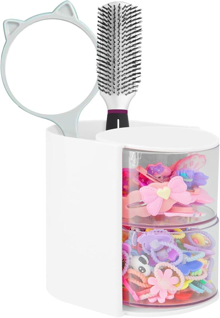 Hair Accessories Organizer with Hair Brush Holder, Rotatable Makeup Brush and Jewelry Storage Box for Hair Clips, Earrings, Necklaces, Bracelets, Rings, and Daily Accessories (White, 2-Layer)