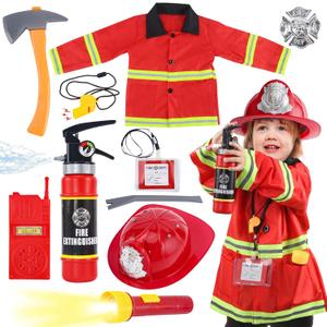 Fireman Costume for Kids, 10 Pcs Firefighter Costume with Toy Accessories Set, Fireman Role Play Outfit Toys, Kids Firefighter Dress Up Clothes, Halloween for Boys Toddlers Ages 3 4 5 6 7