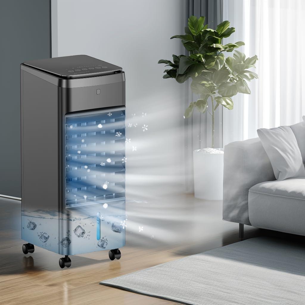 NOMEY Portable Air Conditioners 4 Modes & 3 Speeds, 4 Ice Packs, Waterless Alert System, 12H Timer, Remote,1 Gal Detachable Water Tank, 70Oscillation Windowless Evaporative Air Cooler for Room Office