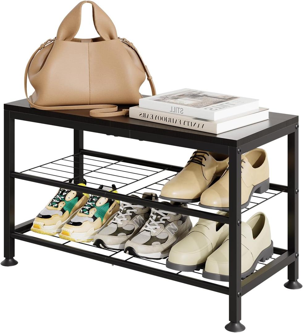 3-Tier Shoe Rack Bench - Entryway Organizer with Shoe Storage, Sturdy Shoe Shelf for Front Door, Small Space Saving Furniture, Black, 27.2" x 12.0" x 15.9"