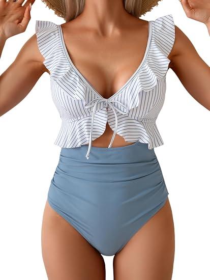 Eomenie One Piece Swimsuit for Women Tummy Control Ruffle Bathing Suit, Size M.