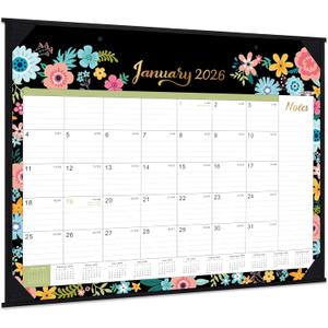 2026 Desk Calendar - Large Desk Calendar 2026, Jan. 2026 - Dec. 2026, 22" x 17", 12 Months, Corner Protectors - Black Floral