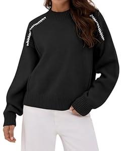 ZAFUL Womens Sweaters Contrast Cable Knit Long Sleeve Crewneck Fall Fashion 2025 Winter Pullover Sweater Tops Blouse Black, M