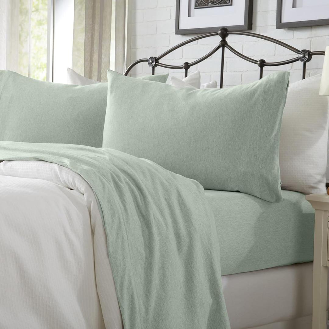 Cotton Jersey Knit King Sheet Set - Ultra-Soft, Stretchy, Heathered Melange Green Bed Sheets - Cozy, Soft T-Shirt Sheet & Pillowcase Set