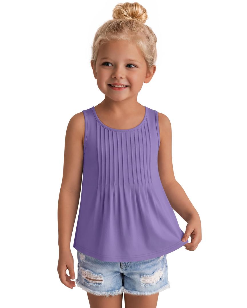 Ficerd Toddler Girls' Tank Tops Sleeveless Pleated Tunic T-Shirts for Baby Crew Neck Summer Dressy Loose Plain Tee Blouses(2T,Light Purple)