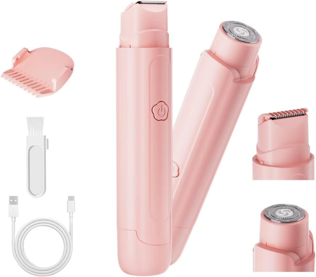 Bikini Trimmer for Women - 2 in 1 Women Electric Razor, Rechargeable Body Hair Trimmer and Facial Hair Remover, IPX7 Waterproof Wet & Dry Use Womens Electric Shaver for Bikini Underarm Leg Arm Body (Pink)