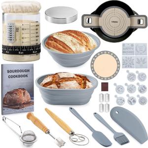 Sourdough Starter Kit, Sourdough Bread Baking Supplies, 40oz Sourdough Starter Jar, Silicone Banneton Bread Proofing Basket Set with 9" Round & 10" Oval,Artisan Bread Baking Tools,Silicone Bread Sling