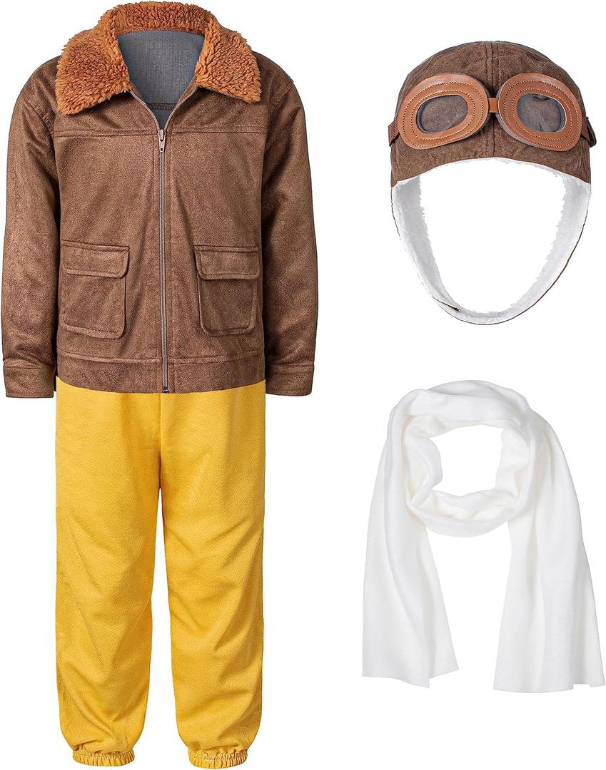 Pilot Aviator Costume Kids Coat Pants Hat Scarf Girl Boy Party Cosplay (9-10 Years, Brown)