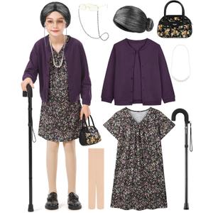 8 Pieces Old Lady Costume for Girls, 100 Days of School Costume for Kids Grandma Wig Granny Dress Cosplay Outifits (3-4T, Dark Purple Cardigan and Floral-black Nightgown)