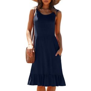 LILBETTER Women's Round Neck Summer Sundresses Casual Pleated Ruffle Hem Knee Length Sleeveless Tank Dress with Pockets (Blue)
