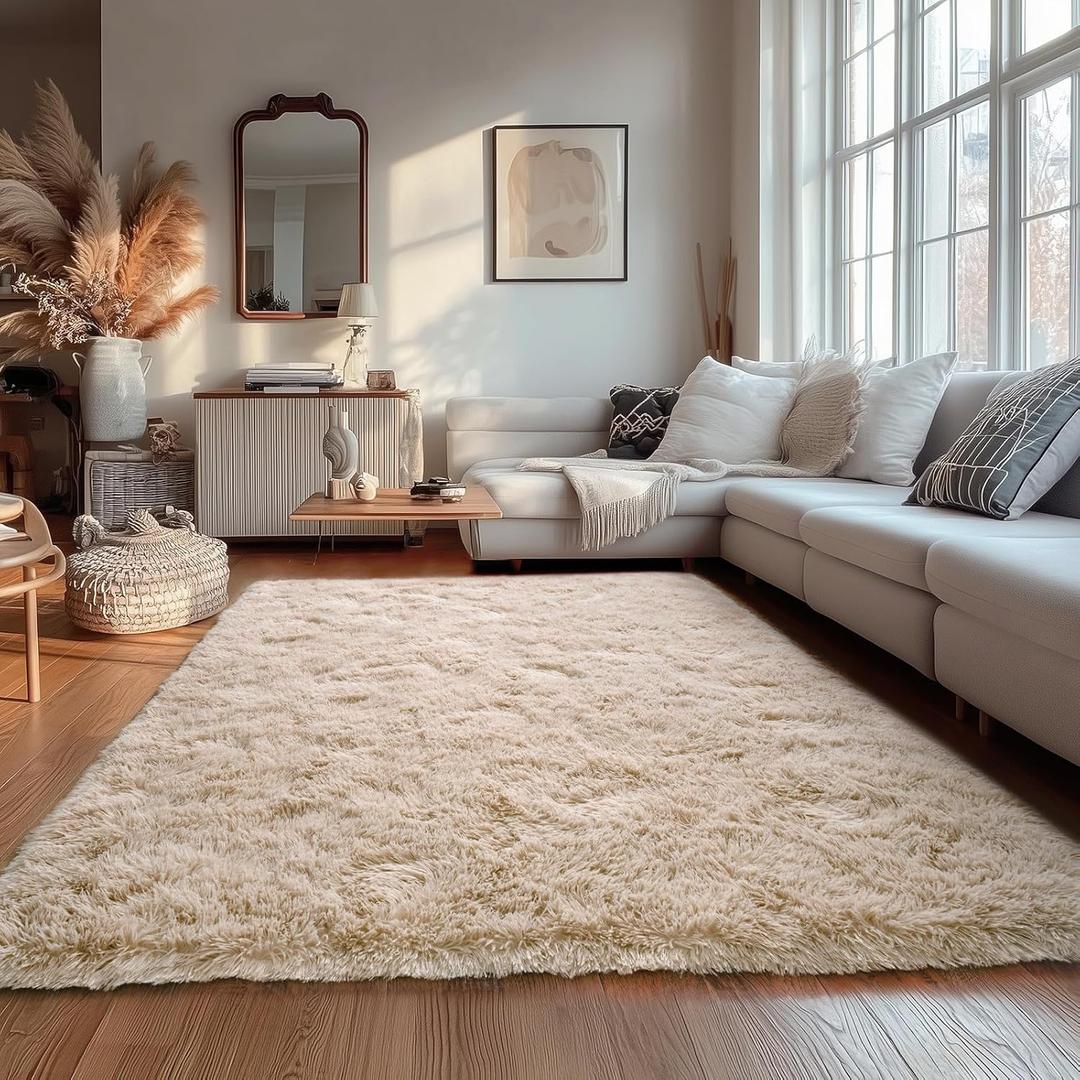 Beige Fluffy Rug for Bedroom 4x6ft - Ultra Soft & Non Slip Shaggy Area Rug, Comfy Durable Carpet for Living Room Kids Room Teens Dorm Home Decor, 1.7'' Thick Indoor Plush Carpets