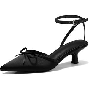 Coutgo Satin Kitten Low Heels with Bow Closed Pointed Toe Short Pumps Dress Wedding Party Shoes (8, Black)