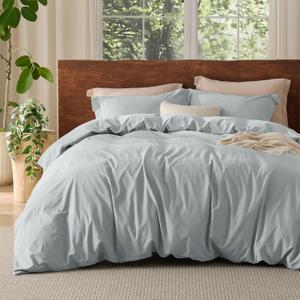 Bedsure 100% Washed Cotton Duvet Cover Queen Size - Mist Blue Minimalist Cotton Duvet Cover Linen Like for All Seasons - GentleSoft Plain Simple Bedding, 3 Pieces (Mist Blue, Queen, 90"x90")