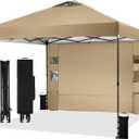 Tunbne 10'x10' Pop Up Canopy Tent with 1 Sidewall and 6 Pockets, One Push Setup, Instant Shade Tent with Vented Roof for Beach Patio Outdoor, Case, 8 Stakes, 4 Ropes, 4 Sandbags (Khaki, 10x10)
