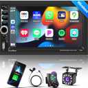 Wireless Apple CarPlay Double Din,7" Car Bluetooth 5.2,FM Car Radio, IPS 1024*600 Touch Screen Car Stereo, Backup Camera, Android Auto, DSP Subwoofer, USB, SWC, MIC, Car Audio Receiver, Car Play,178*100mm,180W